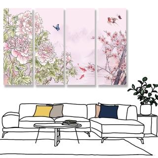 【24mama 掛畫】四聯式 油畫布 花卉 動物 魚 昆蟲 蝴蝶 樹 無框畫-30x80cm(牡丹與櫻花)