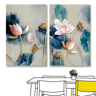 【24mama 掛畫】二聯式 油畫布 插圖 葉子 花卉 無框畫-40x60cm(金色莖睡蓮)