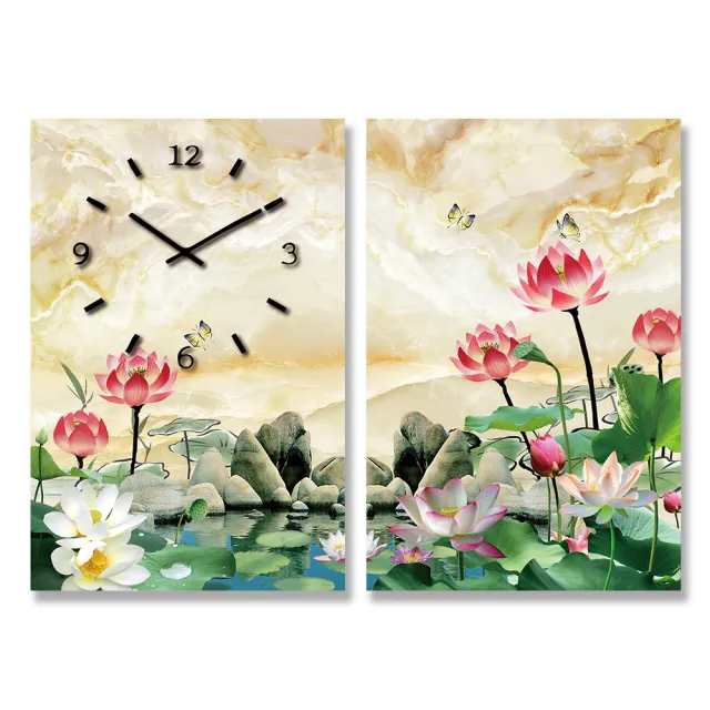 【24mama 掛畫】二聯式 油畫布 大理石 白色與粉紅色花卉 葉子 無框畫 時鐘掛畫-40x60cm(池塘裡睡蓮)