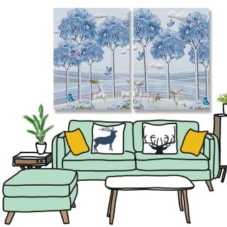 【24mama 掛畫】二聯式 油畫布 風景 樹木 雲 動物 角 鳥 蝴蝶 鹿 無框畫-30x40cm(藍色森林)