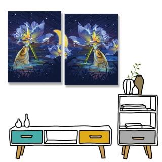 【24mama 掛畫】二聯式 油畫布 夜晚 湖 新月 花卉 動物 魚 無框畫-30x40cm(夜空睡蓮)