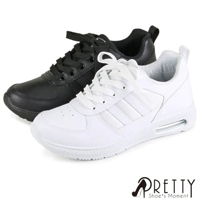 【Pretty】台灣製線條綁帶內增高氣墊休閒平底鞋/小白鞋(白色、黑色)