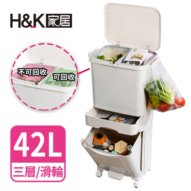 【H&K家居】艾克斯分類垃圾桶42L(彈蓋 垃圾桶 回收桶 帶滑輪)