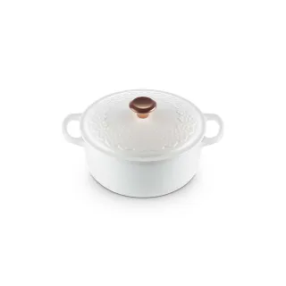 【Le Creuset】蕾絲花恬典藏琺瑯鑄鐵鍋圓鍋20cm(棉花白-銅頭-內鍋黑)