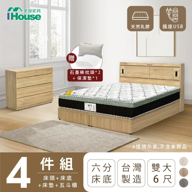 【IHouse】品田 房間4件組 雙大6尺(床頭箱+6分底+床墊+斗櫃)