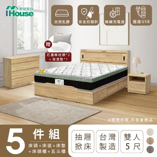 【IHouse】品田 房間5件組 雙人5尺(床頭箱、收納抽屜+掀床底、床墊、床頭櫃、斗櫃)