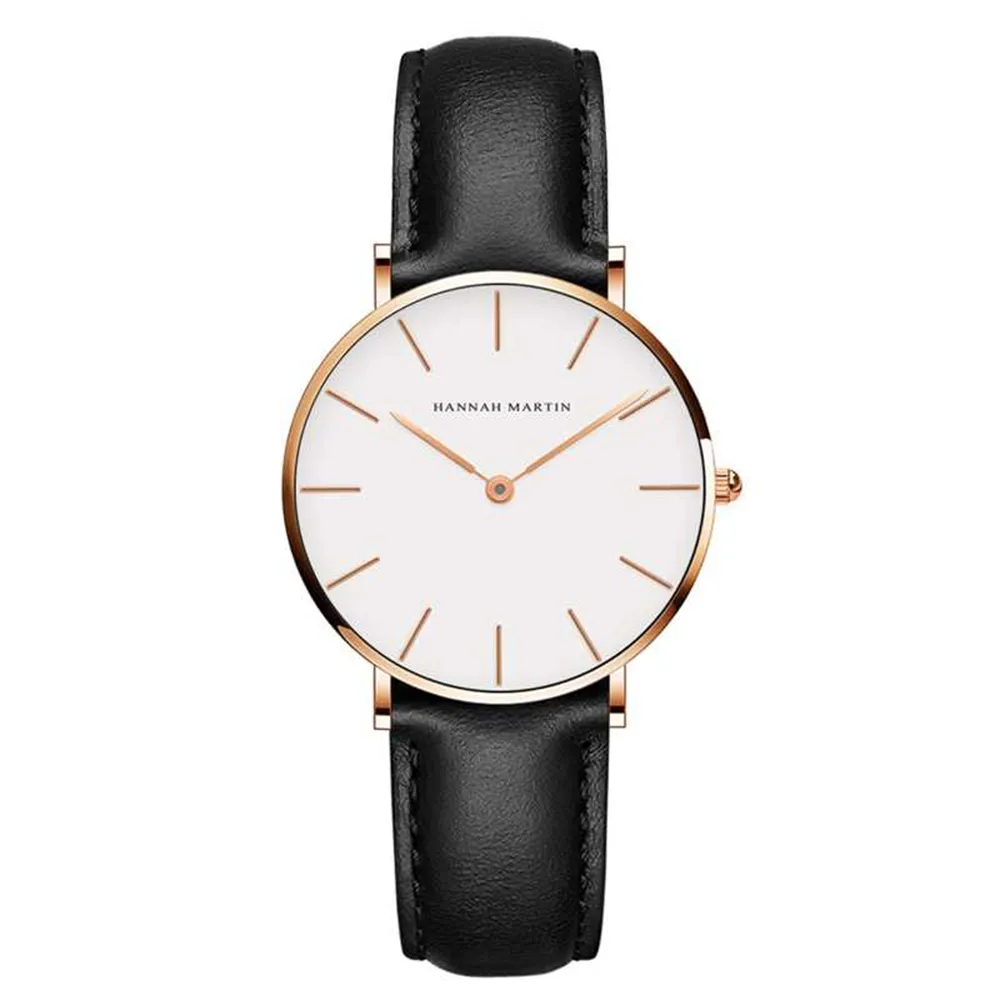 【HANNAH MARTIN】金色刻度設計感腕錶-白面黑皮帶x36mm(HM-CB36-FH)