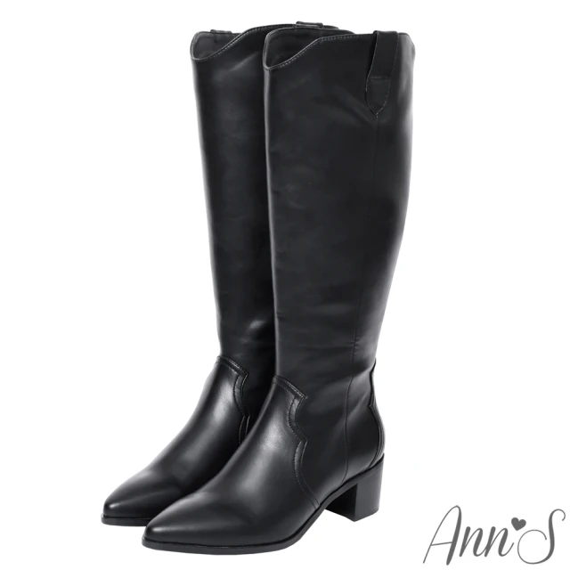 【Ann’S】寬版復古皮革-超修身V口顯瘦粗跟西部及膝長靴4.5cm(黑)