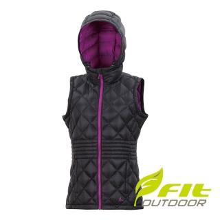 【Fit 維特】女-輕量連帽羽絨背心-經典黑 HW2401-79(防寒背心/保暖背心/外搭背心/鋪棉背心)