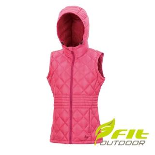 【Fit 維特】女-輕量連帽羽絨背心-珊瑚紅 HW2401-13(防寒背心/保暖背心/外搭背心/鋪棉背心)
