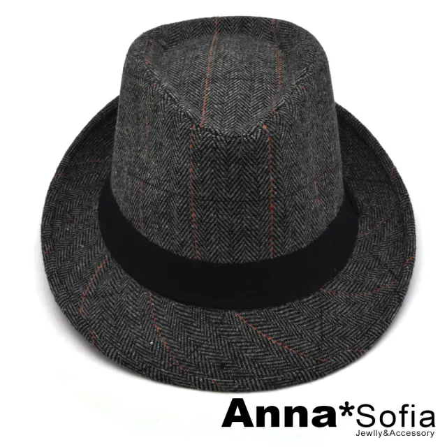 【AnnaSofia】混羊毛紳士帽爵士帽禮帽-點格線葉脈底紋 現貨(深灰系)
