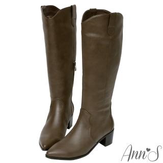 【Ann’S】寬版復古皮革-超修身V口顯瘦粗跟西部及膝長靴4.5cm(可可)