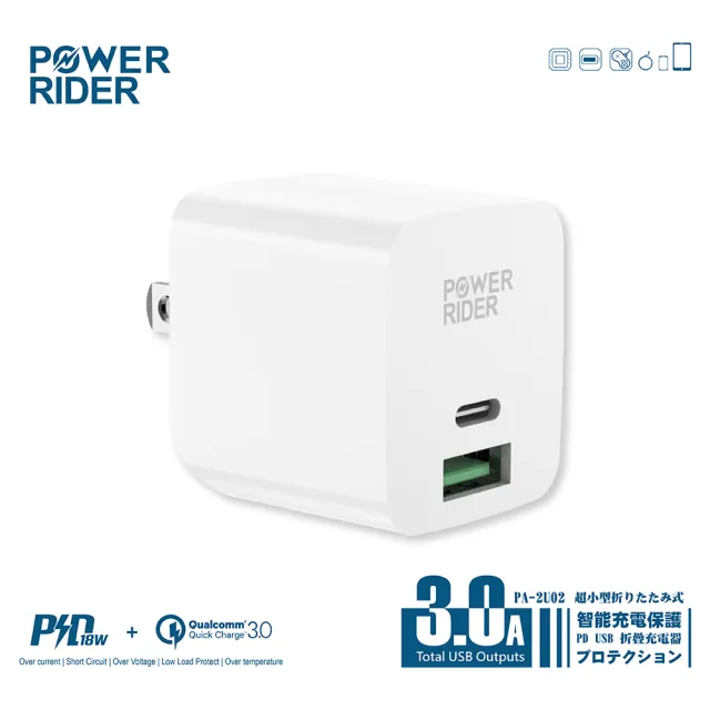 【PowerRider】PA-2U02 18W PD USB折疊充電器套組(含Type-c/Type-c 快充線)