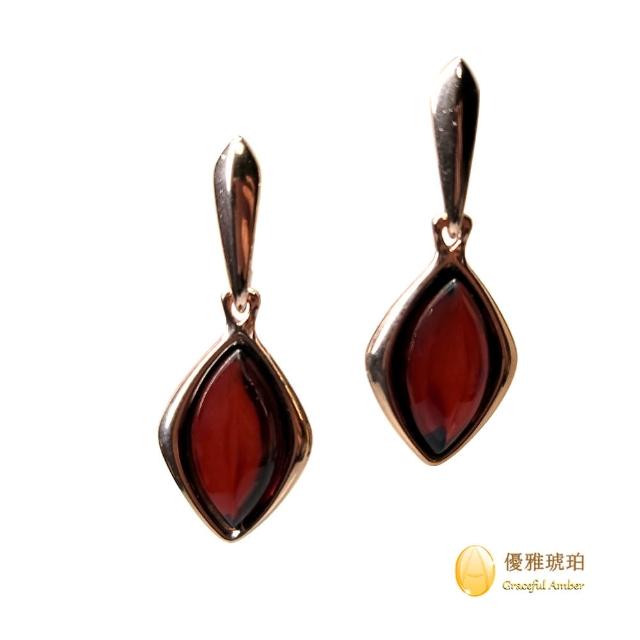 【優雅琥珀】來自波蘭 紅珀玫瑰金耳環(凸面菱形紅珀 925銀精鍍玫瑰金色耳環)