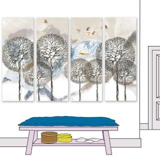 【24mama 掛畫】四聯式 油畫布 抽象 雪山 樹木 飛翔 動物 鳥 無框畫-30x80cm(蒲公英樹枝)
