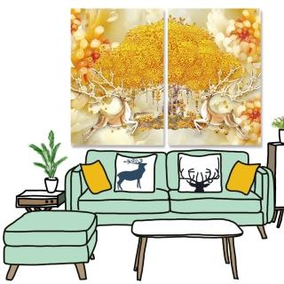 【24mama 掛畫】二聯式 油畫布 玉石 黃金 動物 羚羊 花朵 角 無框畫-40x60cm(東方金錢樹)