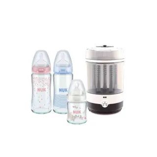 【NUK】二合一蒸氣烘乾消毒鍋組+寬口徑彩色玻璃奶瓶2大1小超值組