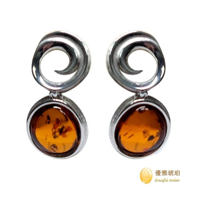 【優雅琥珀】來自波羅地海 干邑珀 銀質俏麗耳環(925純銀 鍍白k圓線條 亮麗好搭配)