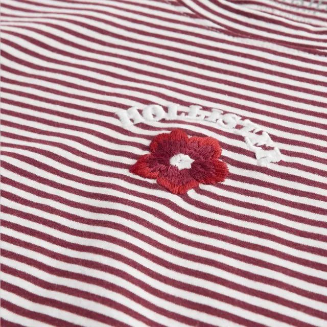 【HOLLISTER Co】HCO 海鷗 經典刺繡文字花朵圖案短袖T恤 上衣-女-紅白條紋色(平輸品)