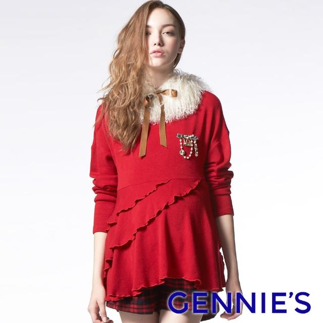 【Gennies 奇妮】經典素色荷葉邊拼接上衣(紅/灰T3A16)