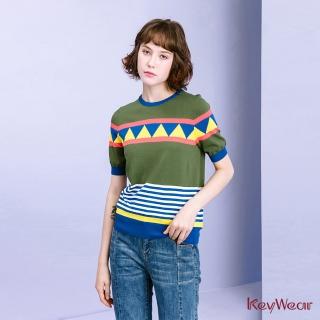 【KeyWear 奇威名品】幾何多彩引塔夏短袖針織上衣