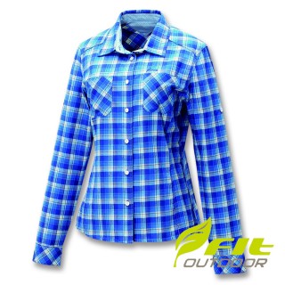 【Fit 維特】女-格紋吸排保暖襯衫-寶藍色 FW2201-56(長袖上衣/薄長袖/排汗衫)