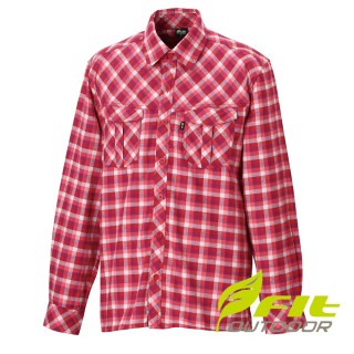 【Fit 維特】男-吸排保暖格紋長袖襯衫-酒紅色 EW1201-19(長袖上衣/薄長袖/排汗衫)