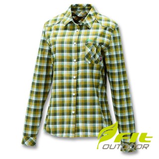 【Fit 維特】女-格紋吸排保暖襯衫-綠卡其 FW2202-95(長袖上衣/薄長袖/排汗衫)