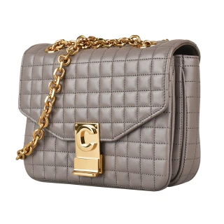 【CELINE】CELINE C CHARMS金字LOGO格紋縫線小牛皮扣式鏈帶肩背包(灰)