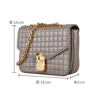 【CELINE】CELINE C CHARMS金字LOGO格紋縫線小牛皮扣式鏈帶肩背包(灰)