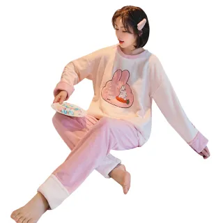 【Angel 天使霓裳】保暖睡衣 美好的一天 法蘭絨睡衣 縮口設計 居家保暖兩件式成套睡衣(粉紅F)