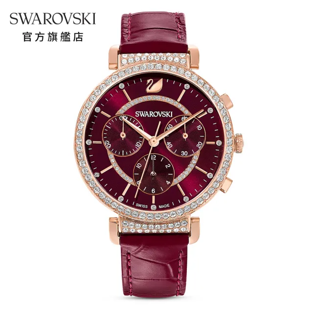 【SWAROVSKI 官方直營】PASSAGE CHRONO 俐落酒紅三眼真皮手錶 交換禮物(Passage Chrono)