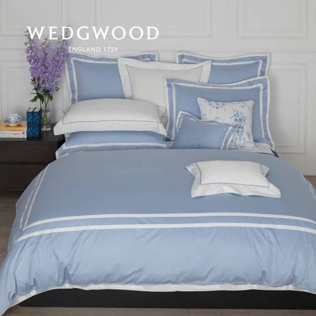 【WEDGWOOD】500織長纖棉Bi-Color素色被套枕套組-紐曼經典藍(雙人180x210cm)