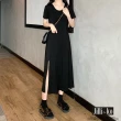 【JILLI-KO】簡約韓版開衩棉質連衣裙-M/L(黑)