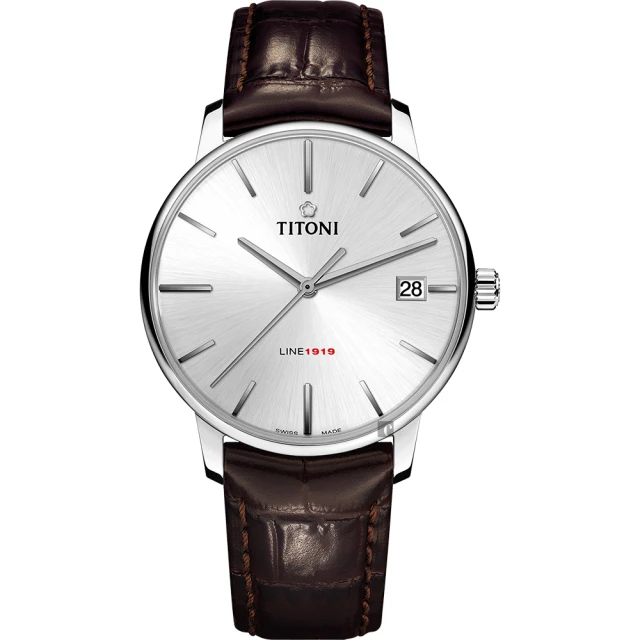 TITONI 梅花錶 LINE1919 百年紀念 T10機械錶-銀x咖啡色錶帶/40mm 99狂買節(83919 S-ST-575)