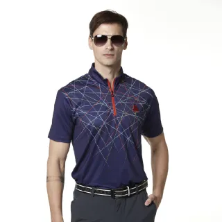 【Lynx Golf】男款吸濕排汗合身版半身線條塗鴉印花造型拉頭短袖立領POLO衫/高爾夫球衫(深藍色)
