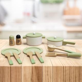 【Teamson】小廚師法蘭克福木製玩具廚房餐具組 綠色(家家酒14件組)