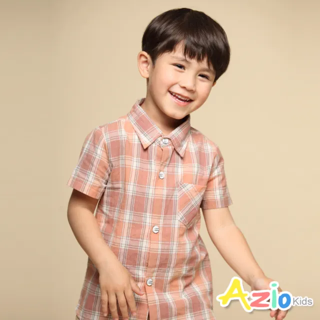 【Azio Kids 美國派】男童 上衣 單口袋粗細格紋短袖襯衫(桔)
