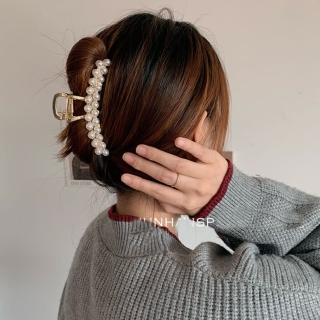【HaNA 梨花】母親節禮物 韓國雙排珍珠名媛感．後腦盤髮抓夾鯊魚夾(抓夾 鯊魚夾 韓國髮夾)