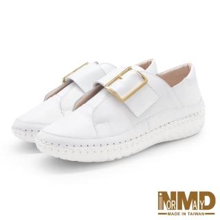 【Normady 諾曼地】女鞋 休閒鞋 小白鞋 MIT臺灣製 真皮鞋 +5cm 金屬大方釦磁石厚底增高氣墊球囊鞋(人氣白)