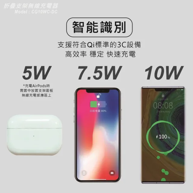 【台灣製造、國家認證】折疊手機支架10W快充無線充電板/充電盤/充電器(贈送一體成型插座充電線)