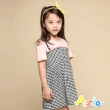 【Azio Kids 美國派】女童 洋裝 假兩件露肩造型吊帶細格短袖洋裝(粉)