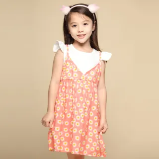 【Azio Kids 美國派】女童 洋裝 滿版小白花假兩件荷葉短袖洋裝(粉)