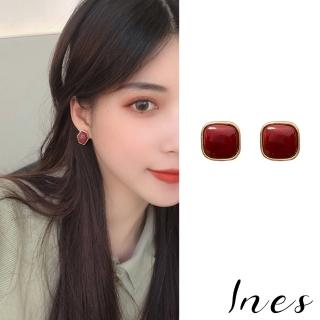 【INES】韓國設計S925銀針溫柔氣質暗紅色復古不規則寶石耳環(2款任選)
