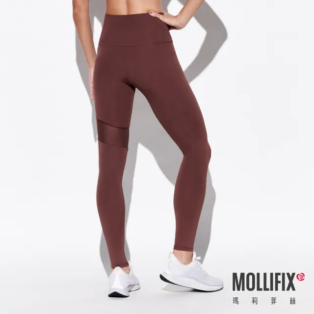 【Mollifix 瑪莉菲絲】不對稱透網高腰動塑褲、瑜珈服、Legging(落栗棕)