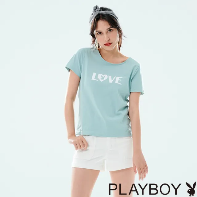 【PLAYBOY】美背蕾絲LOVE T恤(粉綠色)