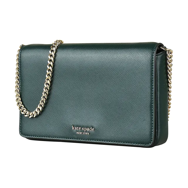 【KATE SPADE】Kate Spade spencer 金字LOGO防刮牛皮釦式鏈帶斜背包(深常綠)