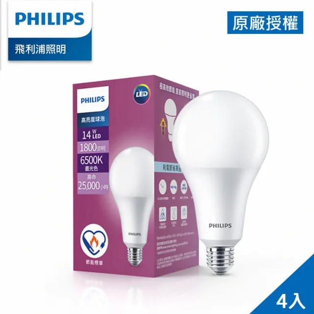 【Philips 飛利浦】14W LED高亮度燈泡 4入(PS001/PS002)