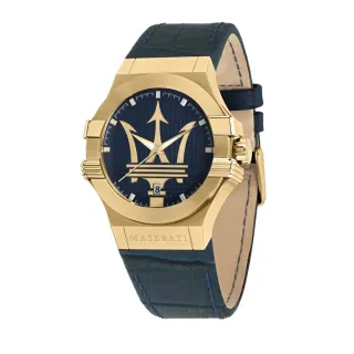 【MASERATI 瑪莎拉蒂】POTENZA 金色系日期皮革腕錶(R8851108035)