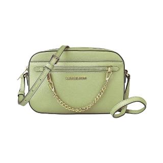 【Michael Kors】MICHAEL KORS金字LOGO鏈帶設計牛皮拉鍊斜揹包(鼠尾草綠)